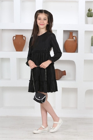 Kız Çocuk Örme Saten Çanta Detaylı Pliseli Astarlı Elbise Siyah