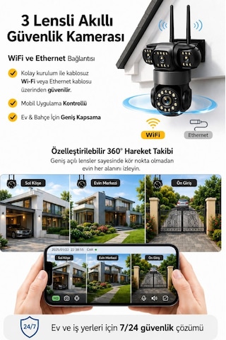 Rx113w Wifi 3 Kameralı Güvenlik Kamerası 15mp Ultra Hd Ptz Hareketli Sesli Gece Görüşlü Akıllı Kamera