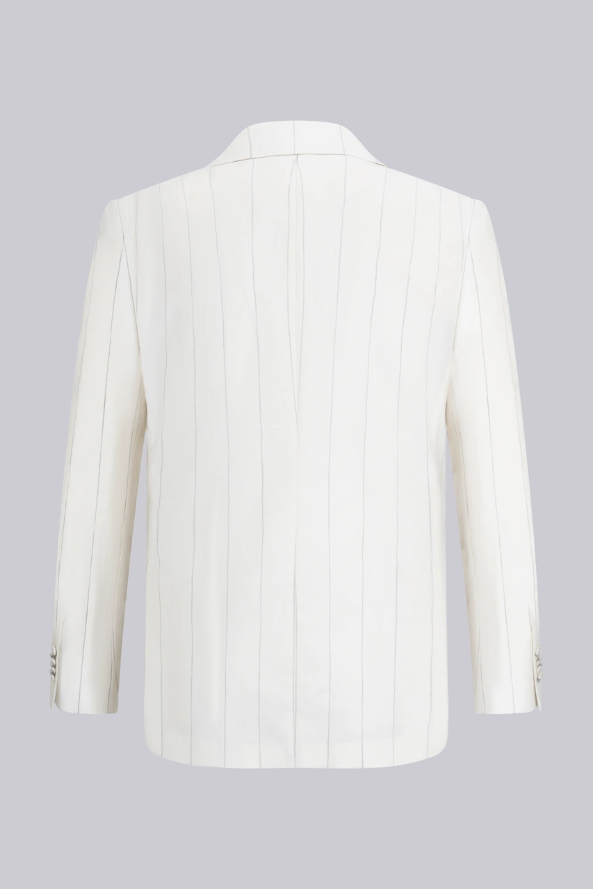 Beyaz Slim Fit Sivri Yaka Çizgili Keten Casual Takım Elbise Beyaz