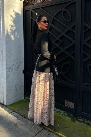 Crimson Grace Kadın Vizon Dantel Maxi Etek Şık Yazlık Tasarım Vizon