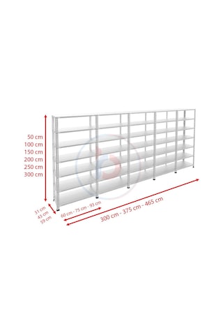 Raf Burada 7 Katlı 5'li Galvaniz Çelik Raf - Depo, Arşiv, Kiler, Dosya, Market Rafı-43x75 cm-250 cm-1.50 mm