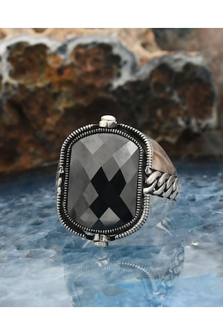 Prestij Gümüş Hz. Süleyman Mührü Ve Zirkon Siyah Taşlı Çift Tarafli 925 Ayar Gümüş Erkek Yüzüğü