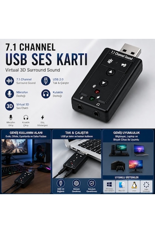 7.1 Usb Ses Kartı Harici Sound Card Virtual 3d Ses Çevirici Mikrofon Kulaklık Adaptörü