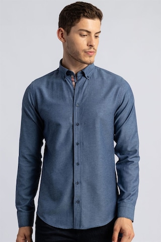 Tudors Slim Fit Dar Kesim Uzun Kol Poplin Oxford Erkek Gömlek-12622 Lacivert