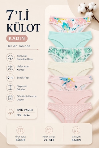 Nicoletta Kadın Külot 7 Li Paket Likralı Pamuklu Baskılı 713167 Çok Renkli