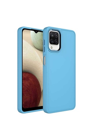 Samsung Uyumlu Galaxy M22 Kılıf Metal Çerçeve Ve Buton Tasarımlı Silikon Zore Luna Kapak Sierra Mavi