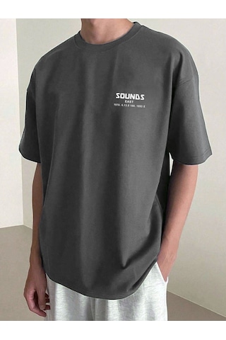 Erkek Füme Oversize Sea Son Baskılı Örme T-shirt Füme