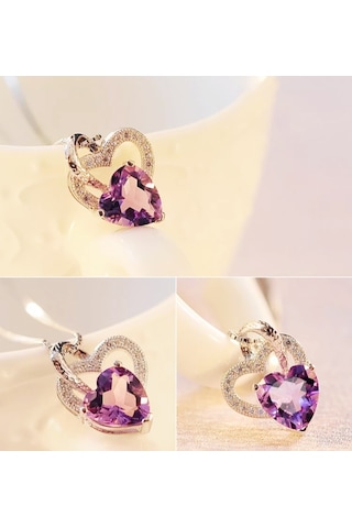 Brezza Lusso Jewelry Gümüş Ametist Taşlı Çift Kalp Kadın Gümüş Kolye 45 CM