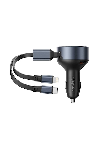 Vention 30w 3 Portlu Kendinden Kablolu Type-c + Lightning Alüminyum Hızlı Araç Şarj Cihazı - Siyah
