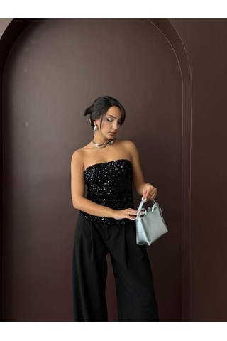 Ckm Moda Rubina Payetli Straplez Bluz Siyah