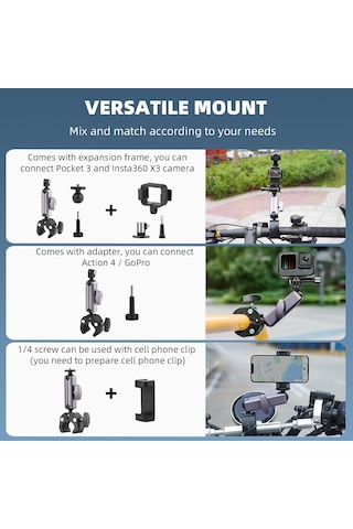 Coverzone Kamera Bisiklet Ve Motosiklet Gidon Montaj, Alüminyum Alaşımlı Kelepçe, 360 , Insta360 İle Uyumlu X5 X4