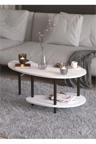 Yüksek Kalite Orta Sehpa 2 Raflı Ahşap Ayaklı Fasulye Gazetelikli Dekoratif Lüks Sehpa Beyaz