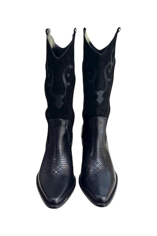 Tufan Shoes Siyah Hakiki Deri Ve Süet İşleme Detaylı Western Çizme Siyah