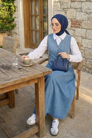 Hb Harma Time Butik Kadın Düğmeli Ve Cepli Kot Mavi Tunik Etek İkili Takım