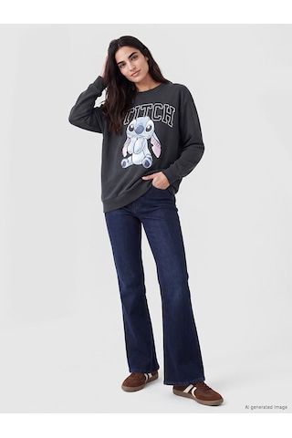 LC Waikiki Lc Waıkıkı Antrasit Stitch Baskılı Oversize Kadın Sweatshirt
