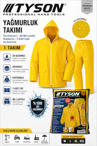 Tyson Yağmurluk Üst Fermuarlı Alt Bel Lastikli Kapüşönlü 2 Adet Cepli Su Geçirmez 1 Takım Sarı