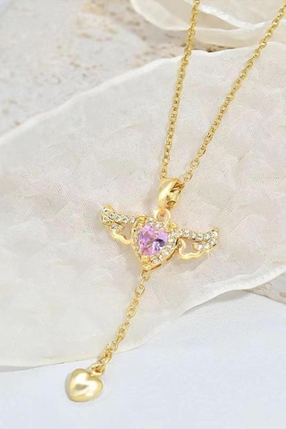 Hareketli Kanatlı Kalpli Pembe Taşlı Kadın Çelik Kolye Eck49s