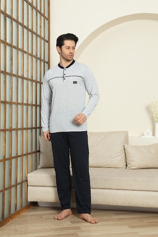 Enisena Erkek %100 Pamuklu Pijama Takımı-robalı Ve 3 Düğmeli-12489 Gri