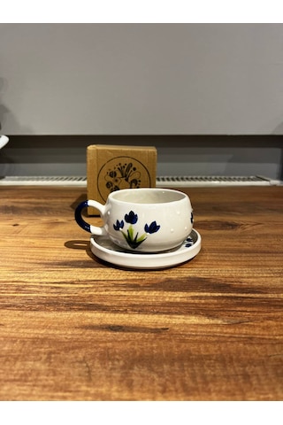 Mavi Çiçek Desenli Seramik Kupa, Mug, Double Türk Kahvesi Filtre
