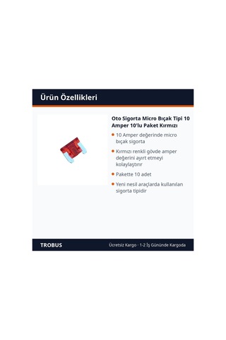 Trobus Oto Sigorta Micro Bıçak Tipi 10 Amper 10'lu Paket Kırmızı Diğer