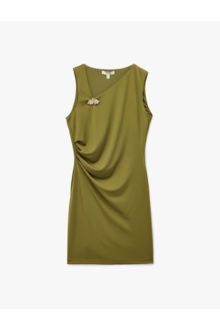 Koton Asimetrik Yaka Metal Aksesuarlı Kolsuz Drapeli Bodycon Mini Abiye Elbise Yeşil 6wak80039fk Yeşil