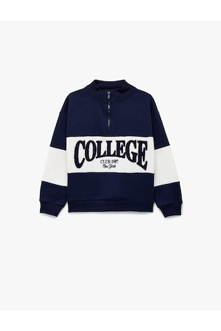 Koton Uzun Kollu Yarım Fermuarlı Dik Yaka Nakışlı Oversize Sweatshirt Lacivert 6wkg10440ak Lacivert