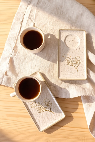 Keramika Taupe Bloom Doğaltaş Kahve Sunum Seti 4 Parça 2 Kişilik 22519-20 Krem