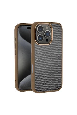 Apple iPhone Uyumlu 16 Pro Max Kılıf Karbon Fiber Görünümlü Parlak Kamera Çerçeveli Zore Venus Kapak Rose Brown