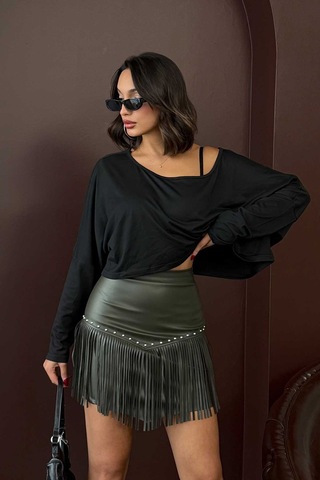 Verymoda Western Tarz Püsküllü Mini Deri Etek F2041 Haki