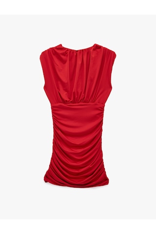 Koton Slim Fit Kolsuz V Yaka Drapeli Mini Elbise Kırmızı 6sak80119ek Kırmızı