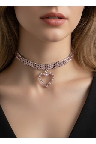 Üç Sıralı Kalp Figürlü Kristal Taşlı Choker Tasma Pembe Renk Kolye Pembe