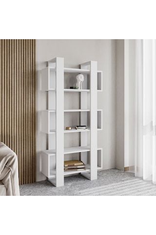 Milano Kitaplık, Raflı Kitaplık, Kütüphane, Çalışma Odası, Ev-ofis, Beyaz - Beyaz Beyaz