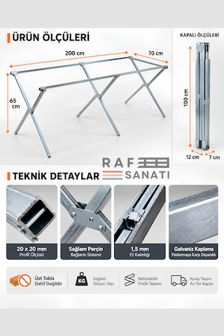 200 Cm Pazarcı Tezgahı Kampet Katlanır Portatif Galvaniz Tezgah, Seyyar Satış Ve Fuar Standı Tahta Hariç Açık Gri