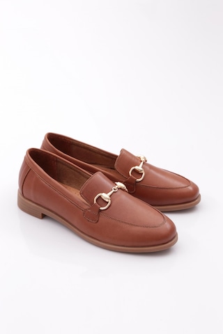 Dgn 1850 Kadin Metal Aksesuarli Loafer Ayakkabi Koyu Taba
