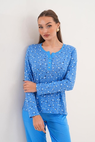 Çift Kaplan Kadın Pamuk Puantiyeli Açık Patlı Mavi Pijama Takımı 7037 Mavi
