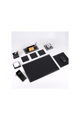 Opta 10 Parça Kurt Biblolu Siyah Deri Sümen Seti Takımı Gümüş Kalem Ofis Masa İsimliği Lüks İsimlik