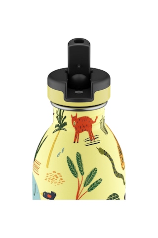 Kids Bottle Jungle Friends Pipetli Paslanmaz Çelik Çocuk Su Matarası 500 Ml Sarı