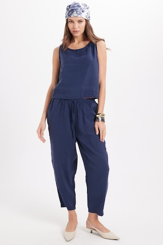 Tudors Kadın Standart Fit Normal Kesim Likralı Bisiklet Yaka Bluz Geniş Paça Lacivert Pantolon Takım-50958