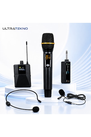 Ultratekno Uhf Kablosuz Mikrofon Seti El Yaka Çene Mikrofonlu 6.5 Mm Alıcılı 3.5 Mm Çeviricili Şarjlı Profesyonel Ses Sistemi