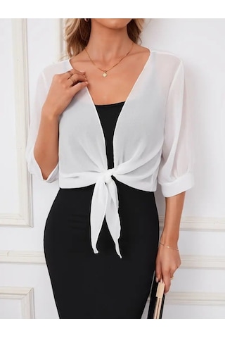Veraura Lifestyle Kadın Truvakar Kol Önden Bağlamalı Kısa Şifon Bolero Ceket Beyaz
