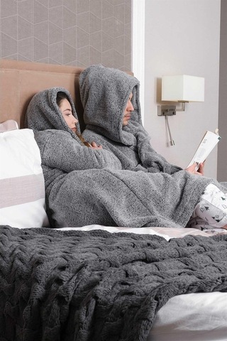 Uzun Kapüşonlu Welsoft Sabahlık Aile Seti-Gri