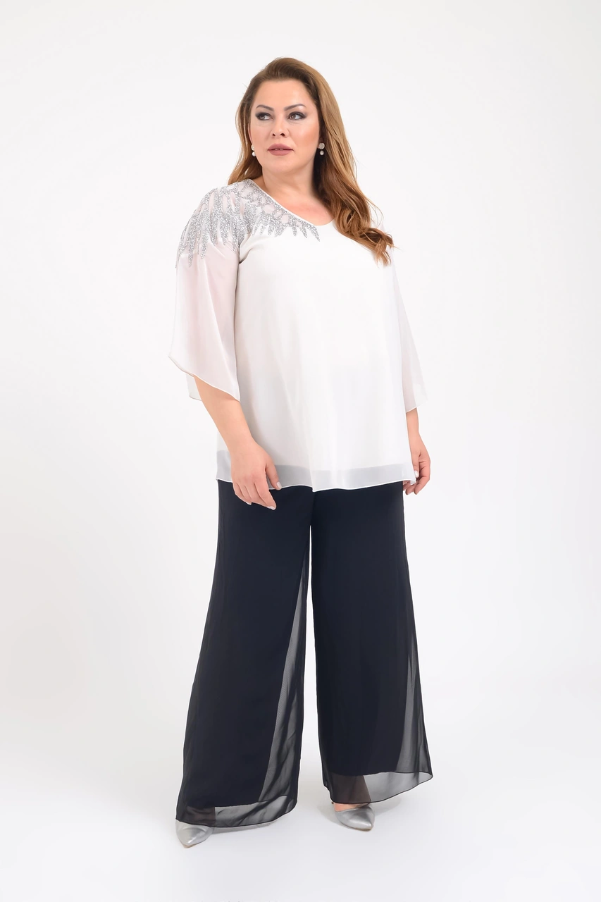 Büyük Beden Beyaz Renkli Şifon V Yaka Abiye Bluz Beyaz