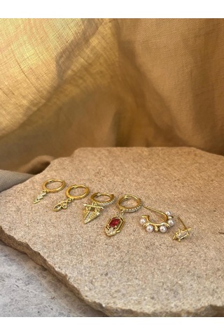 Yakemiyou İnci Taşlı Altılı Küpe Çok Renkli