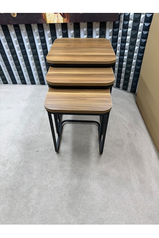 3 Lü Zigon Sehpa Seti Metal Ayaklı Ahşap Desen Tabla Modern Tasarım Amalfi Cevizi