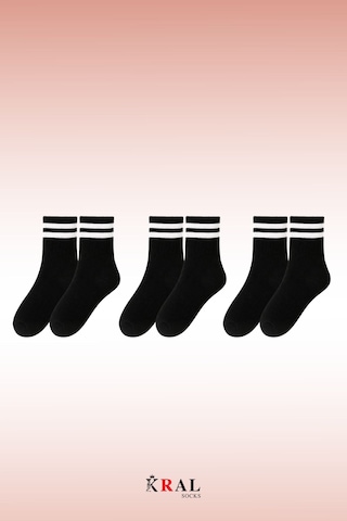 Kral Socks Erkek Kadın 3 Çift Çizgili Kolej Tenis Çorabı Pamuklu Terletmez Çorap Siyah