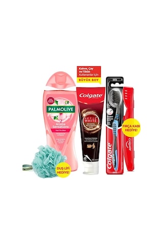Colgate Diş Macunu 125 ML + Orta Diş Fırçası + Palmolive Aroma Sensations Duş Jeli 500 ML+ Duş Lifi & Fırça Kabı