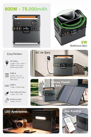 600w Taşınabilir Güç İstasyonu 78000 Mah Kablosuz Şarjlı Solar Destekli App Kontrollü 288wh Kapasite