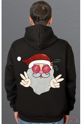 Bumeta Yılbaşı Santa Noel Baba Peace Sweatshirt Unisex Kapüşonlu Hoodie Siyah