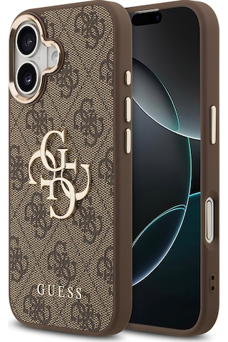Apple Uyumlu iPhone 17 Kılıf Guess Lisanslı Gold Metal Kamera Çerçeveli Metal Büyük 4g Yazı Logolu Kapak Kahve