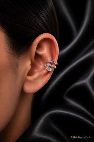 Taşlı Yılan Desenli Kıkırdak Çelik Küpe Earcuff Gümüş